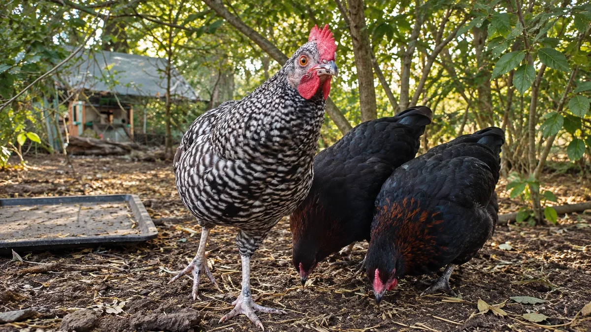 Kippen onder de bomen op Erve Land van KBEN